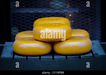 Amsterdam, Netherlands. February 26, 2022. Many cheese wheels displayed in front of a store in the center Stock Photo