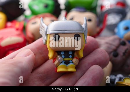 Tambov, Russian Federation - August 23, 2024 A Thor POP Mini Vinyl Figure in a person hand. Stock Photo