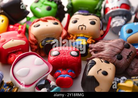 Tambov, Russian Federation - August 23, 2024 A heap of Marvel Funko POP Mini Vinyl Figures. Stock Photo