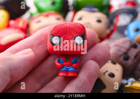 Tambov, Russian Federation - August 23, 2024 A Spider-Man Funko POP Mini Vinyl Figure in a person hand. Stock Photo