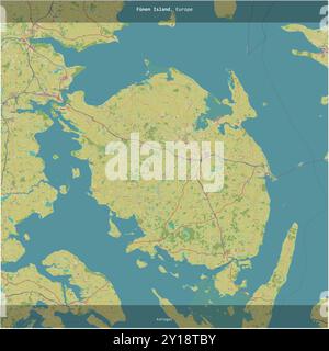 Funen Island in the Kattegat, belonging to Denmark, cropped to square on a topographic, OSM Humanitarian style map Stock Photo