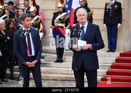 Paris, France. 05th Sep, 2024. Julien Mattia/Le Pictorium - Prime Minister Michel Barnier's handover of power - 05/09/2024 - France/Ile-de-France (region)/Paris - Michel Barnier, the new Prime Minister, hands over power to Gabriel Attal, the resigning Prime Minister, at the Hotel Matignon. Credit: LE PICTORIUM/Alamy Live News Stock Photo