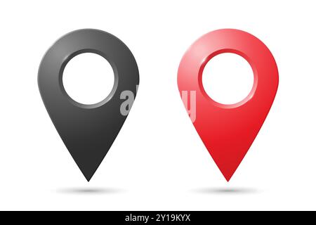 Realistic geolocation icons in red and black on a white background. Stock Vector