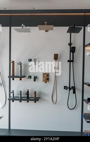 Elegant and Modern Bathroom Shower Fixtures on Display. Stock Photo
