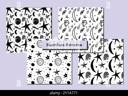 Black and white doodle galaxy seamless patterns Stock Vector