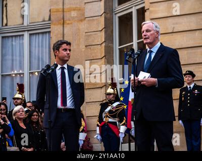 FRANCE-PARIS-POLITICS-PM-MATIGNON-GOVERNMENT Handover at the Hotel de Matignon between outgoing PM Gabriel Attal and the new mandate to form a government, Michel Barnier. In Paris, 5 September, 2024. PARIS ILE-DE-FRANCE FRANCE Copyright: xAndreaxSavoranixNerix FRANCE-PARIS-POLITICS-PM-MATIGNO ASAVORANINERI-8 Stock Photo