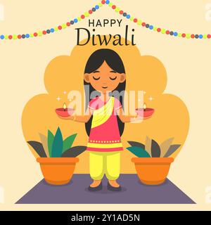 Happy Diwali Festival Poster. Girl Holding Diwali Diya. Vector Illustration EPS10 Stock Vector