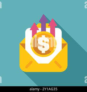 Open yellow envelope containing a document with a dollar coin and three arrows pointing up indicating increasing value Stock Vector