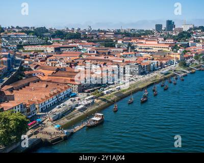 City of Vila Nova de Gaia on the Douro River as seen from the Dom Luís I Bridge, Porto, Portugal. Stock Photo