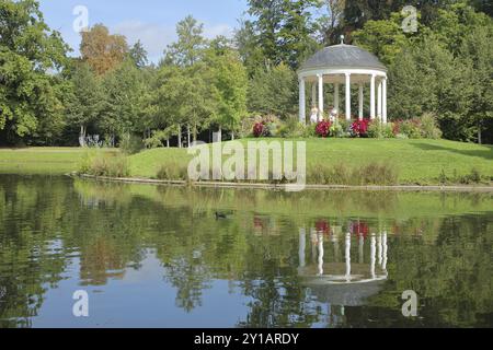 Round pavilion with lake in the Parc de l'orangery, orangery Park, landscape, reflection, temple, pavilion, monopteros, Strasbourg, Bas-Rhin, Alsace, Stock Photo