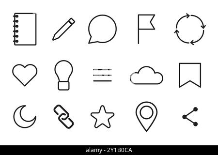 Outline vector icons. Basic minimal symbols. Simple black shapes. Web and UI elements. Stock Vector