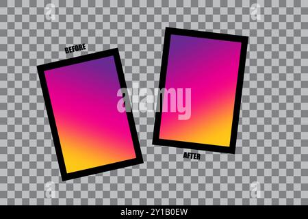 Before and after concept. Gradient background pair. Tilted colorful frames. Checkerboard pattern backdrop. Stock Vector