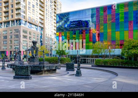 Montreal convention centre, Palais des congrès de Montréal, seen from Place Jean-Paul-Riopelle, Quartier international, Old Montreal, Quebec, Canada Stock Photo