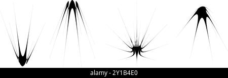 Black thin spiky thorn element set. Abstract sharp shapes and angular twinkles bundle. Futuristic spokes objects for poster design, collage, banner, badge, logo, card, icon, label, sticker. Vector Stock Vector