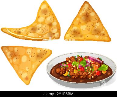 Crispy nachos served with spicy bean dip Stock Vector