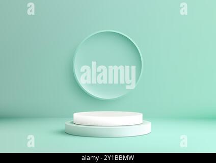 Minimalist 3D Circular White Podium with Circular Frame on Mint Green Background Ideal for Product Display Mockup Showcase Showroom Decor Stock Vector