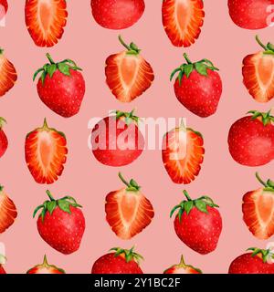 A beautifully colorful and vibrant seamless pattern showcasing fresh, juicy strawberries against a soft, pastel pink backdrop. Digital art in watercolor style, for printing on fabric and paper. Stock Photo