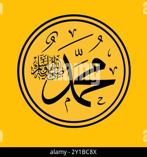 Arabic Calligraphy, Background Happy Prophet Muhammad's Birthday. Mawlid Al Nabi. Isolated on Orange Background with Black Text, Translation, Welcomin Stock Vector