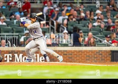 Marietta, Ga, USA. 5th Sep, 2024. Colorado Rockies shortstop Ezequiel Tovar (14) bats against the Atlanta Braves at Truist Park in Marietta, Georgia. The Rockies win over the Braves 3-1. (Credit Image: © Walter G. Arce Sr./ASP via ZUMA Press Wire) EDITORIAL USAGE ONLY! Not for Commercial USAGE! Stock Photo