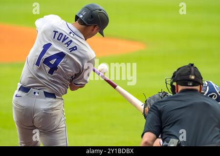 Marietta, Ga, USA. 5th Sep, 2024. Colorado Rockies shortstop Ezequiel Tovar (14) bats against the Atlanta Braves at Truist Park in Marietta, Georgia. The Rockies win over the Braves 3-1. (Credit Image: © Walter G. Arce Sr./ASP via ZUMA Press Wire) EDITORIAL USAGE ONLY! Not for Commercial USAGE! Stock Photo