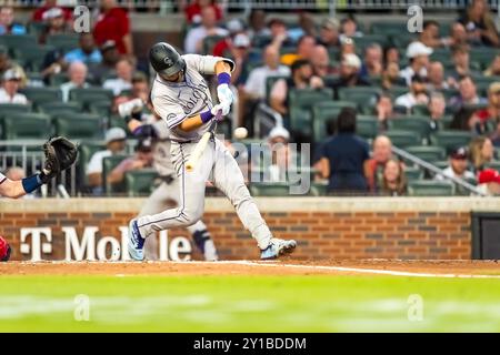 Marietta, Ga, USA. 5th Sep, 2024. Colorado Rockies shortstop Ezequiel Tovar (14) bats against the Atlanta Braves at Truist Park in Marietta, Georgia. The Rockies win over the Braves 3-1. (Credit Image: © Walter G. Arce Sr./ASP via ZUMA Press Wire) EDITORIAL USAGE ONLY! Not for Commercial USAGE! Stock Photo