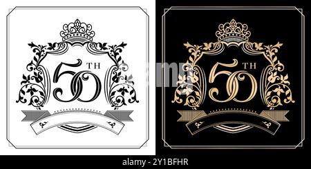 50th Golden anniversary symbol with royal crown emblems, two variation gold and monochrome design isolated black and white backgrounds Stock Vector