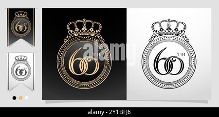 illustration of 60th with circle frame and crown. Ellipse Frame element with color gold isolated background, for letterpress, embroidery, invitation Stock Vector