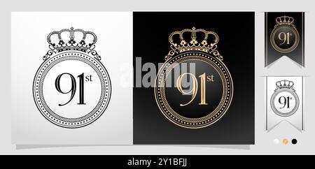 Happy Anniversary 91st Frame and border with crown. number element with color gold isolated background, for letterpress, embroidery Stock Vector