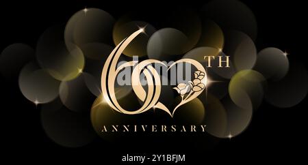 60th anniversary symbol with love or heart and sparkling glitter isolated black backgrounds. applicable for greeting cards, invitation Stock Vector