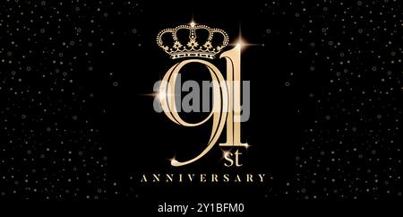 91st anniversary symbol with crown and sparkling glitter isolated black backgrounds. applicable for greeting cards, invitation, Wedding anniversary Stock Vector