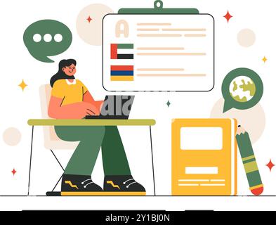 Language School Vector Illustration of Online Learning, Courses, Training Programs, and Studying Foreign Languages Abroad in a Flat Style Background Stock Vector