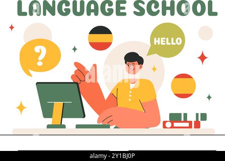 Language School Vector Illustration of Online Learning, Courses, Training Programs, and Studying Foreign Languages Abroad in a Flat Style Background Stock Vector