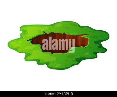 Deep hole in the ground with grass and stones. Brown soil, large cracks and ruins. Digging of sand coal waste rock. Detailed drawing in cartoon style Stock Vector