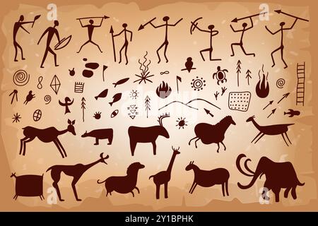 Cave painting on stone, ancient wall of prehistoric humans, animals, weapons. Primitive men and woman of tribe silhouette illustration. Vector caveman Stock Vector