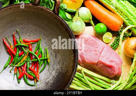 Wok Prep Preparation to asian traditional cooking. Wok and vegetables Stock ...