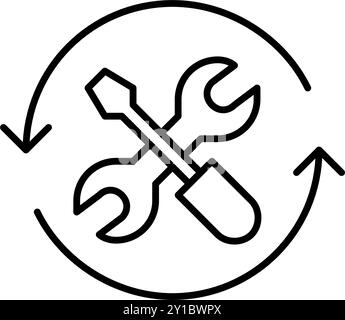 Repair tools, wrench and screwdriver in refresh arrows. Continuous maintenance. Pixel perfect, editable stroke vector icon Stock Vector