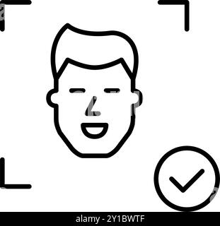 Man face scan and checkmark. Secure login, biometric id verification passed. Pixel perfect, editable stroke vector icon Stock Vector