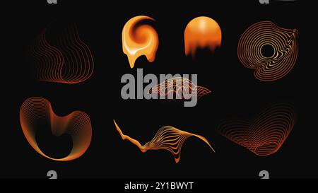 Retrofuturistic distorted shape and lines set isolated on black background. Abstract vector design element with orange and yellow gradient color Stock Vector