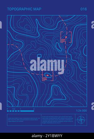 Architectural topographic blueprint site plan drawing, relief contour posters set. Abstract line represents land elevation with minimalist art style Stock Vector