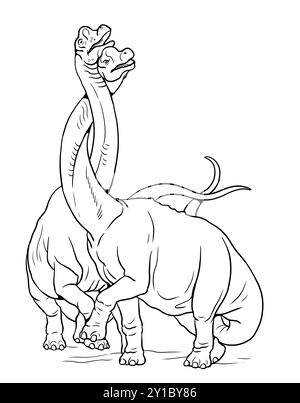 Battle between two herbivorous dinosaurs. Prehistoric giant Brachiosaurus to color in. Stock Photo