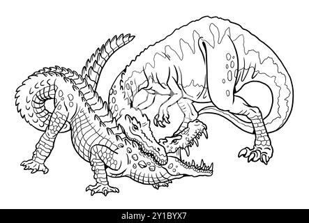 Fight between two carnivorous dinosaurs: Baryonyx against Kaprosuchus. Battle between two dinosaurs to color in. Stock Photo