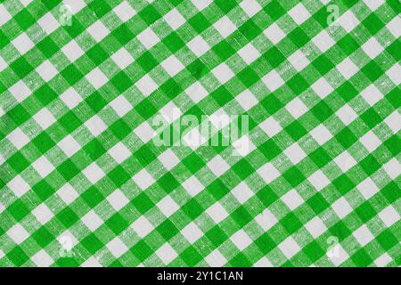 Natural Linen Country Plaid Tartan Kitchen Fabric Material Abstract Check Texture Background Texture, Bright Green And White. Flannel Tartan Patterns Stock Photo