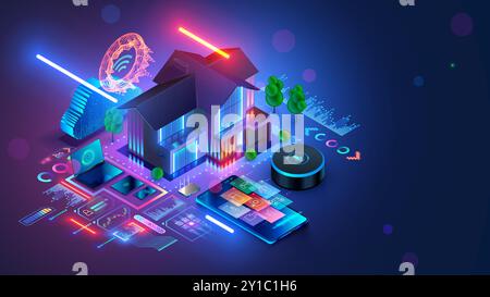 Smart home controlled phone or smart speaker. Smart home technology of house automation system. House standing around phone, smart speaker, wireless c Stock Vector