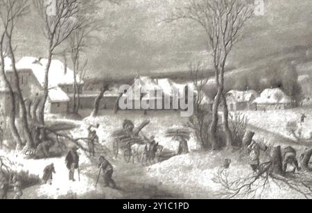 A Dutch winter scene in the 1500's with workers or residents gathering firewood - Een Hollands wintertafereel uit de 16e eeuw met arbeiders of bewoners die brandhout verzamelen - Stock Photo