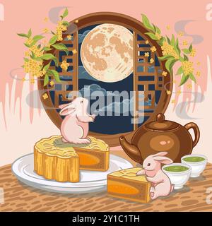 Chinese Mid Autumn Festival celebration vector illustration, couple cute rabbit eating mooncakes with tea watching full moon. White rabbits celebratin Stock Vector
