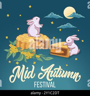 Chinese Mid Autumn Festival celebration vector illustration, couple cute rabbit eating mooncakes with tea watching full moon. White rabbits celebratin Stock Vector