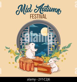 Chinese Mid Autumn Festival celebration vector illustration, couple cute rabbit eating mooncakes with tea watching full moon. White rabbits celebratin Stock Vector