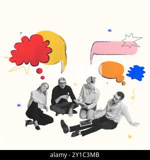 Group of four businesspeople sitting and brainstorming together. Colorful bubbles over head, creative thinking process. Contemporary art collage. Stock Photo
