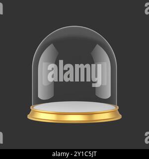 Realistic semicircular glass dome on golden tray for safety storage and protection 3d template vector illustration. Protective transparent shiny conta Stock Vector