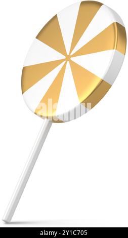 Traditional bright luxury isometric twisted lollipop on stick 3d template design realistic vector illustration. Classic bonbon iced candy rounded shap Stock Vector